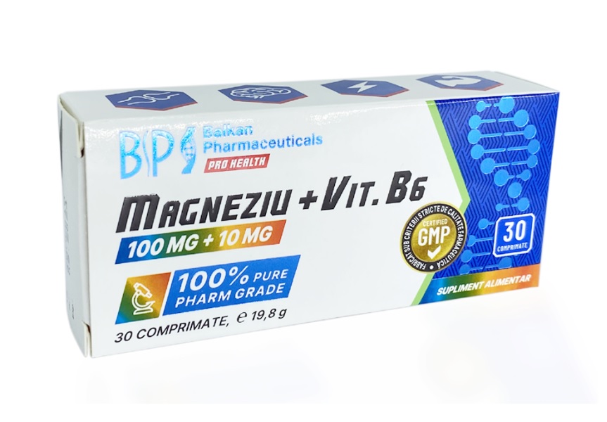 Balkan Pharmaceuticals Magneziu + Vit. B6 – capsule care contribuie la metabolismul energetic normal, funcționarea normală a sistemului nervos și la menținerea sănătății psihice – 30 cps